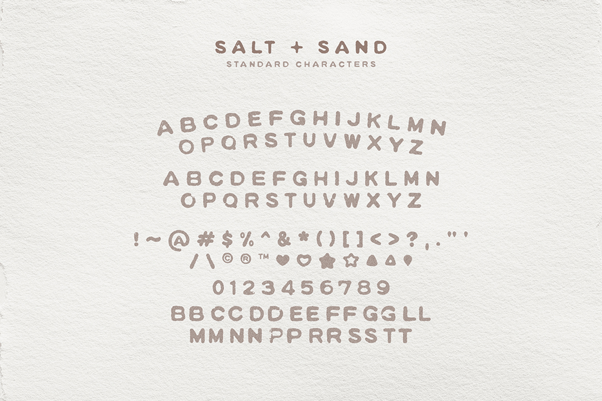 Sand Typeface Salt + Sand | Stamped Typeface Font Family by Callie Rian & Co | Font Bros
